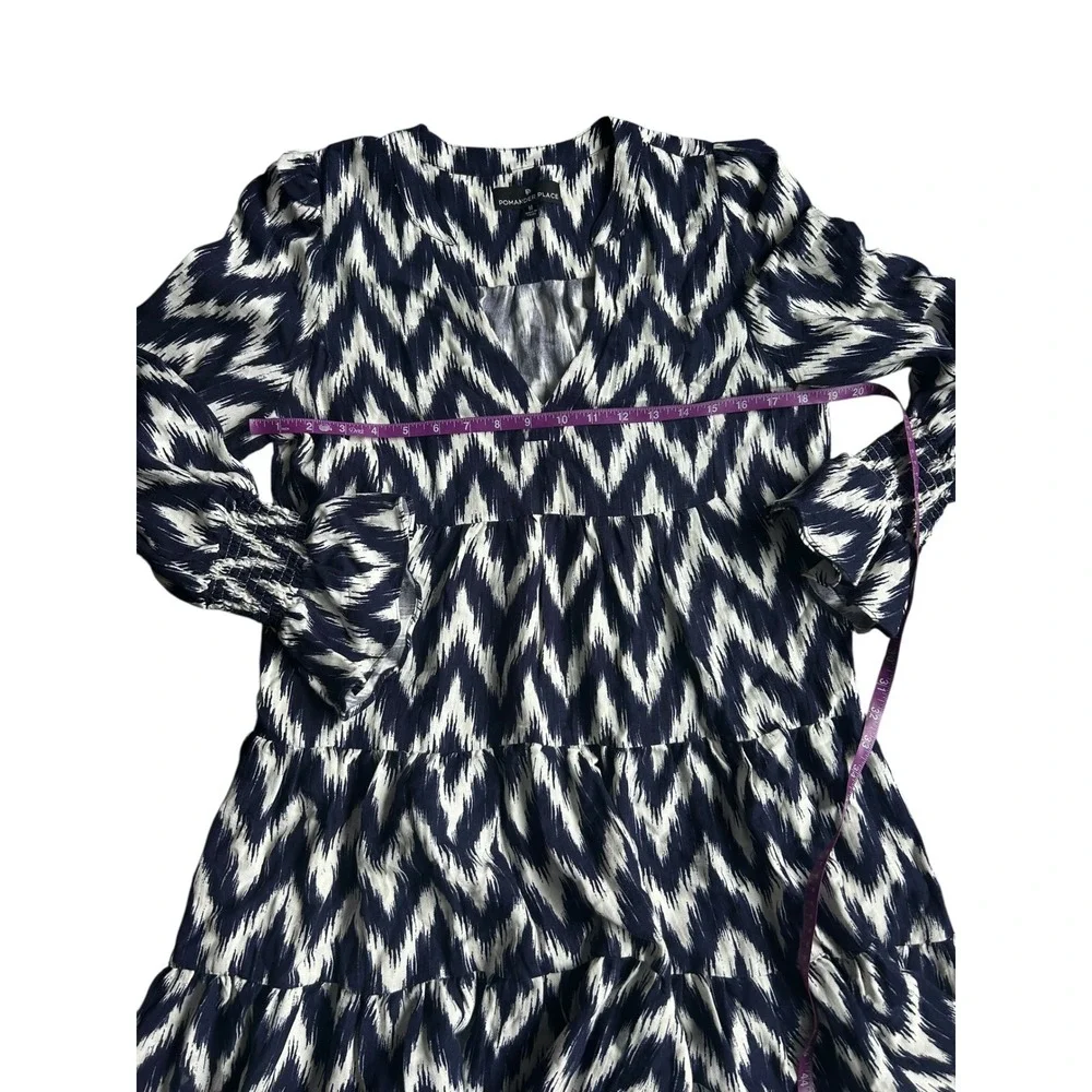 Pomander Place Navy White Ikat Kenzo Dress Chevron‎ Tiered Mini Women's Medium